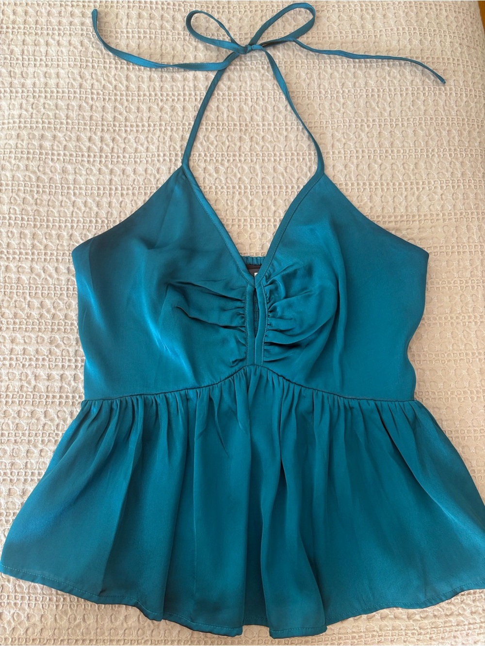 Silky V-Neck Peplum Cami Top in Teal